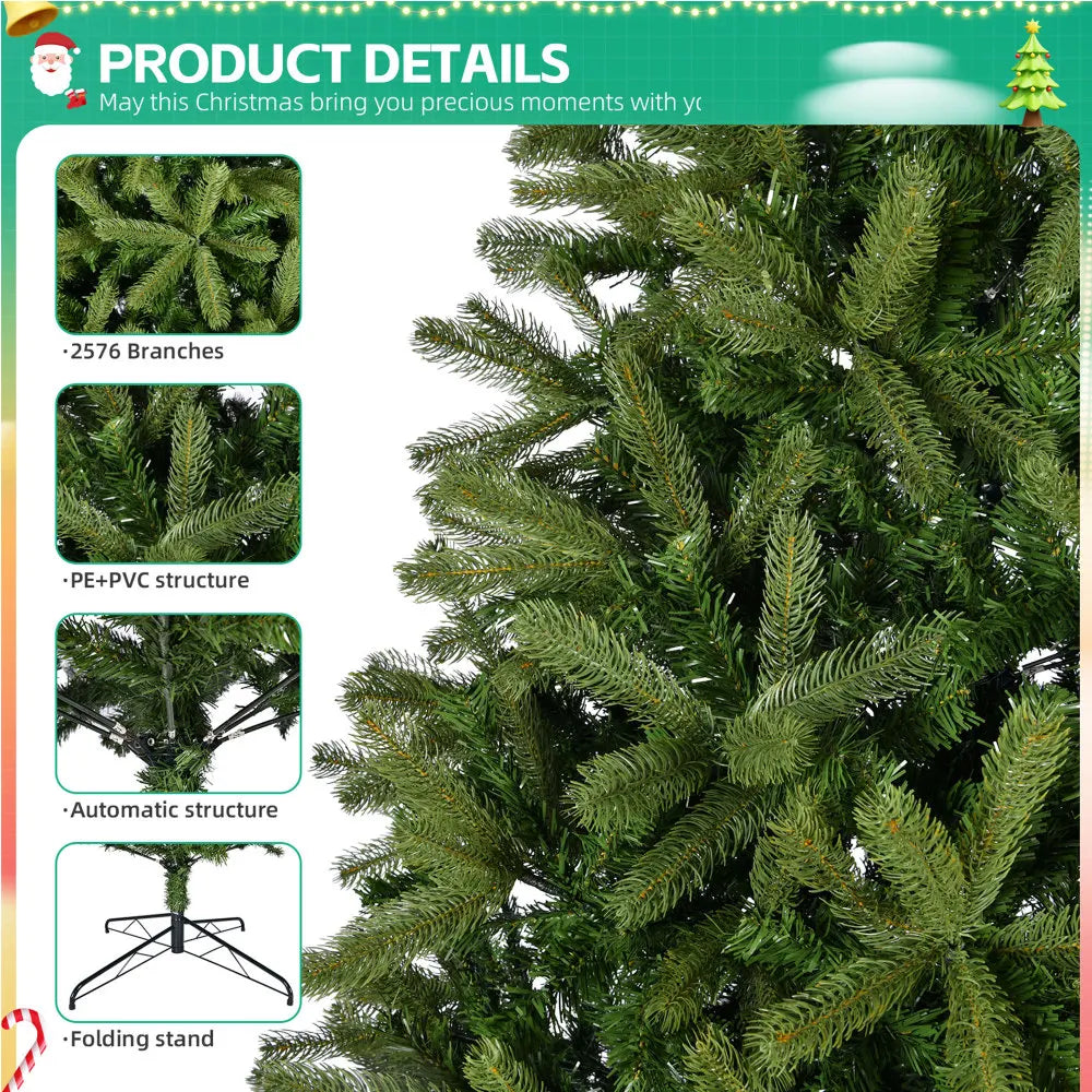 9Ft Artificial Tree, 2576 Mixed Tips, Unlit Hinged Spruce, Easy Assembly, Foldable Stand, Green.