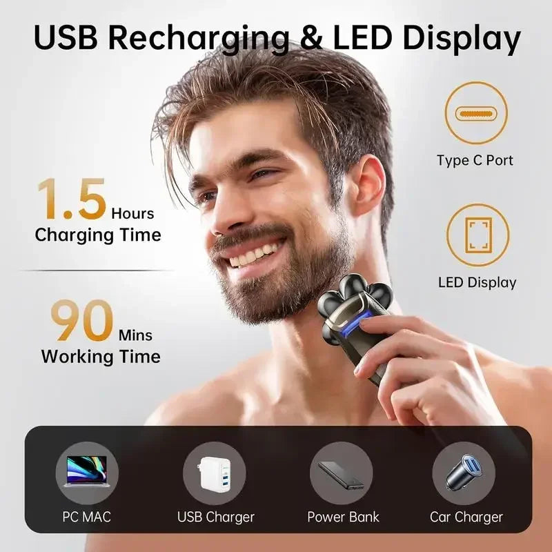 Bazivve 5-IN-1 Electric Shaver Kit with 7D Magnetic Head, LED Light, Type-C Quick Charge, and IPX7 Waterproof
