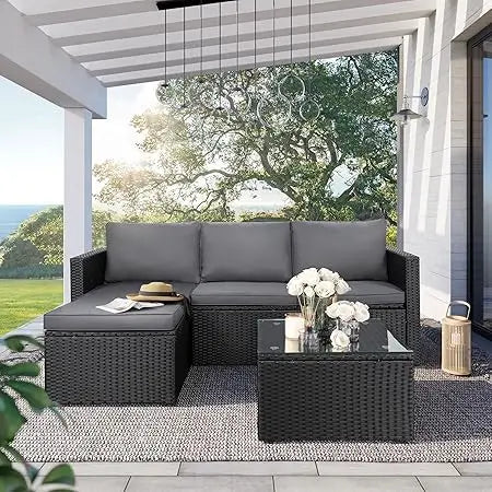 Small Outdoor Sofa Patio Furniture Set with Detachable Cushions, 3 PCS Patio Sectional Sofa with Coffee Table & 5 Position Adju
