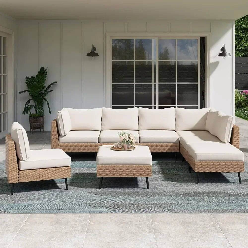 Outdoor Patio Furniture, 8 Piece Outdoor Sectional Sofa PE Rattan Wicker Patio Conversation Sets