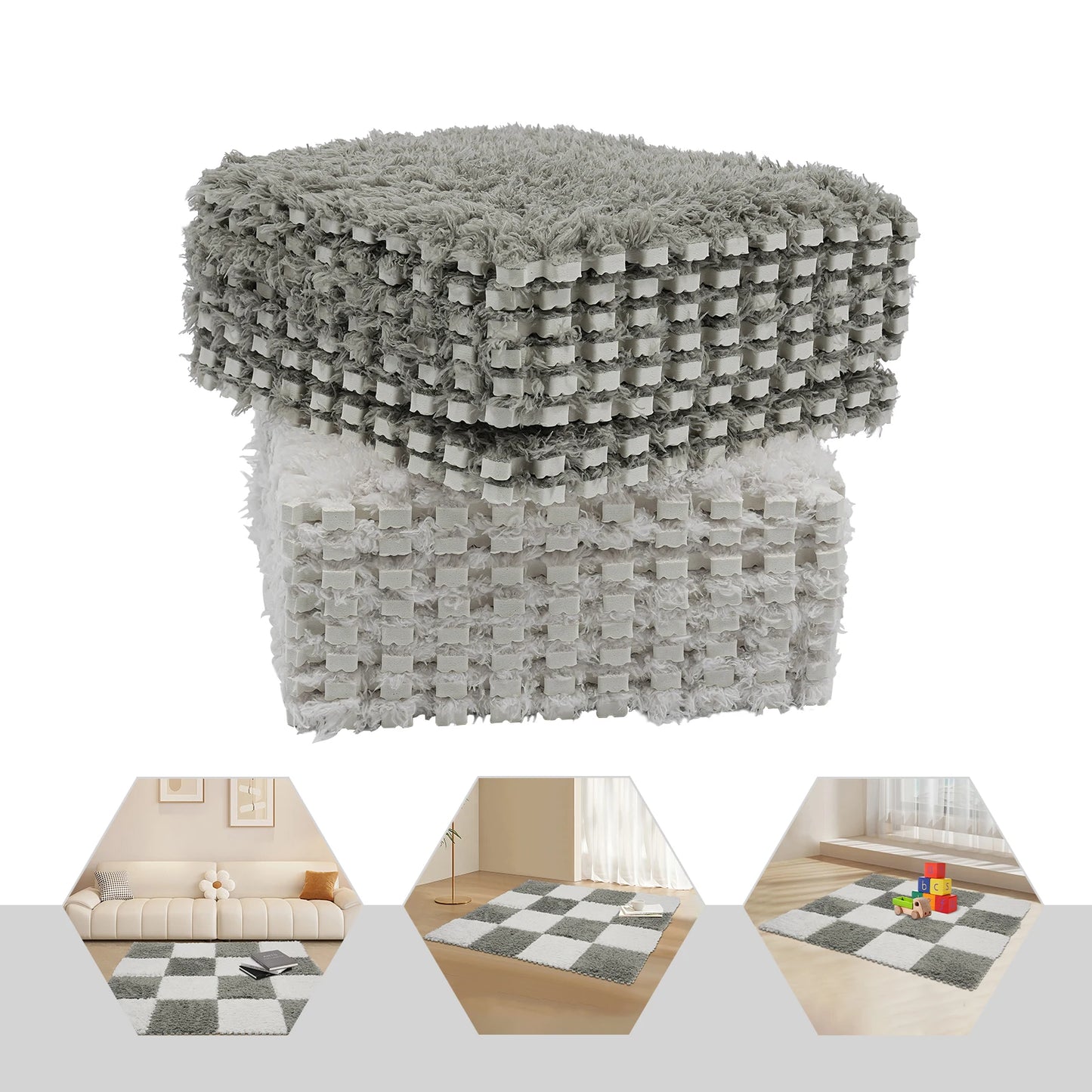 Fluffy Rugs Square 16Pcs Floor Mat Gray and White Carpet for Children Kids Room Home Parlor Bedroom