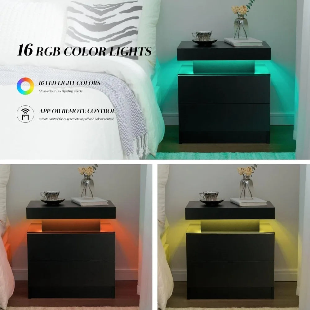 Modern Black LED Nightstand Set of Two for Bedroom