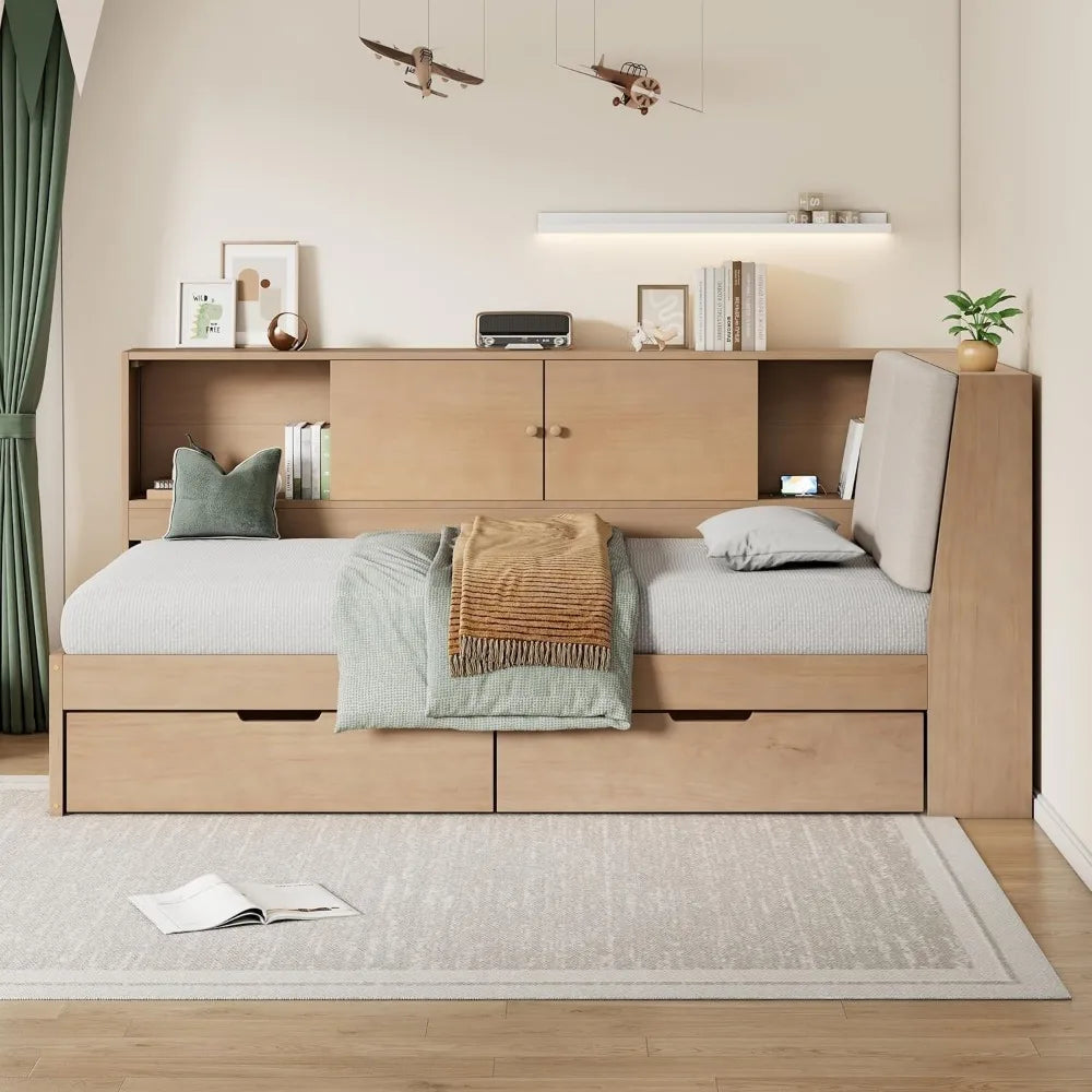 Full Daybed with Storage Bookcase,Upholstered Headboard and Charging Station,Solid Wood Full Captain Bed with Storage Drawers C