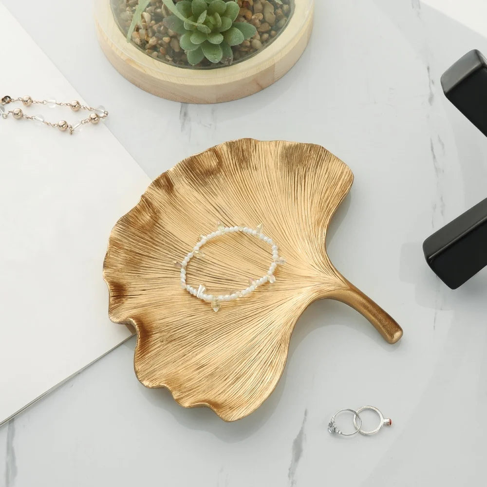 3 Pack Gold Leaf Shaped Tabletop Trinket Tray Ginko Style Jewelry Storage Decorative Display Accent Indoor Home Decor