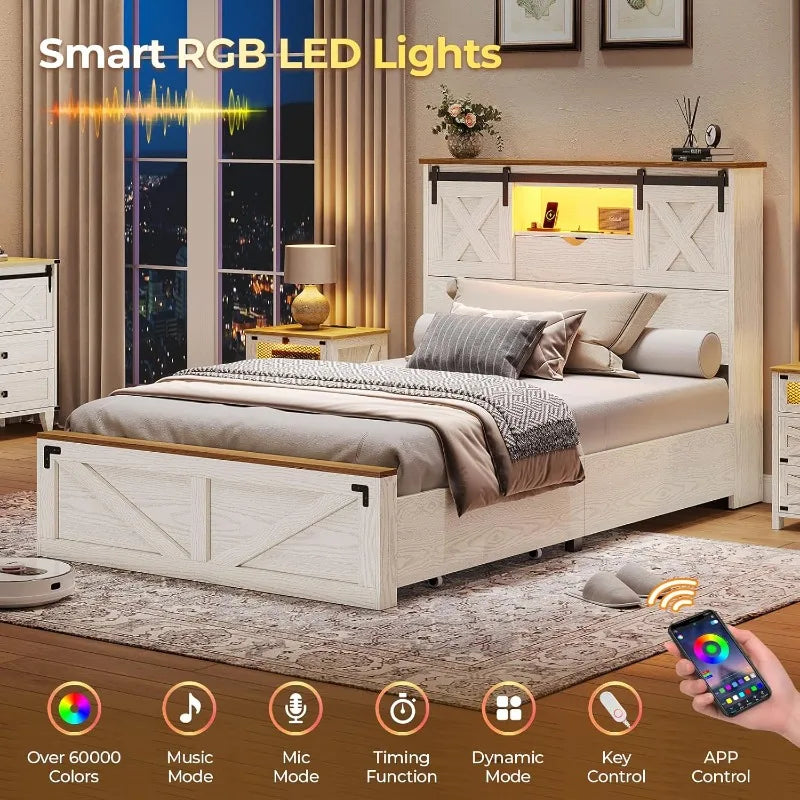 Hasuit Farmhouse Bed Frame Twin Size 2 Storage Drawers, Wooden Platform Twin Bed LED Lights Charging Station, Rustic Accent
