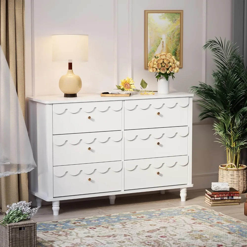 Scalloped 6 Drawer Dresser And Two Nightstands White Set
