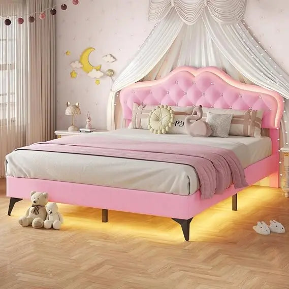 Full Size Girl Bed with 2 Storage Drawers & LED Lights, Upholstered Platform Bed, Adjustable Headboard with Velvet Crystal Butto