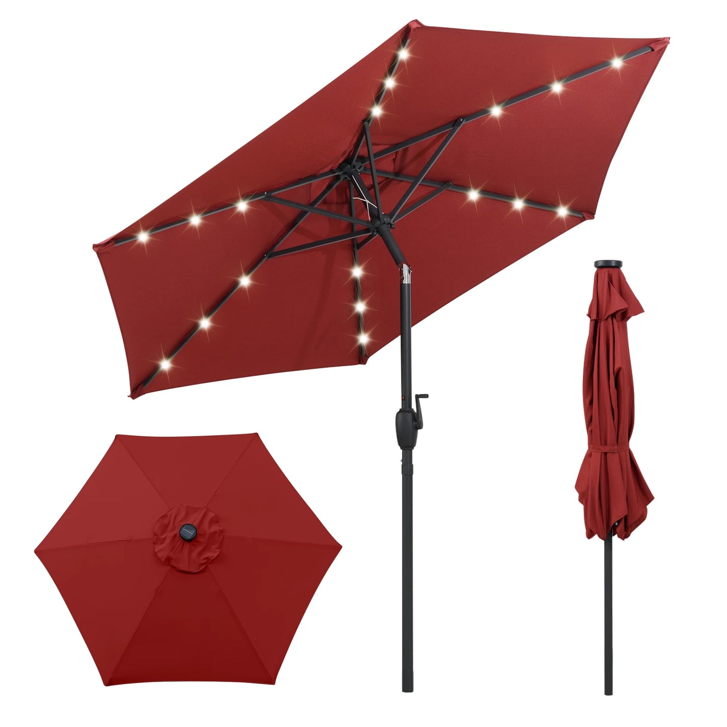 7. 5 ft Solar Powered Patio Umbrella w/ LED Lights Push Button Tilt Crank Handle