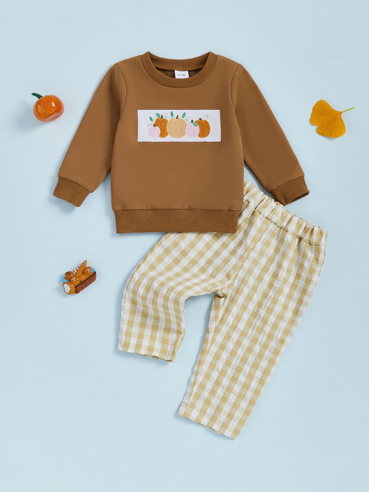 Adorable Baby Halloween Costume Set with Pumpkin Embroidery Long Sleeve Top and Plaid Pants for Toddler Boy or Girl 2-Piece