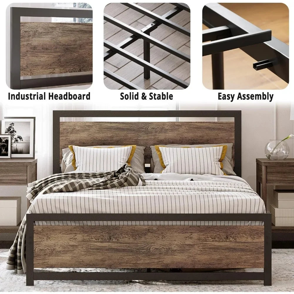 King Size Bed Frame with Headboard and Footboard, Metal Strong Supports, Easy Assembly, Noise-Free, No Box Spring Needed