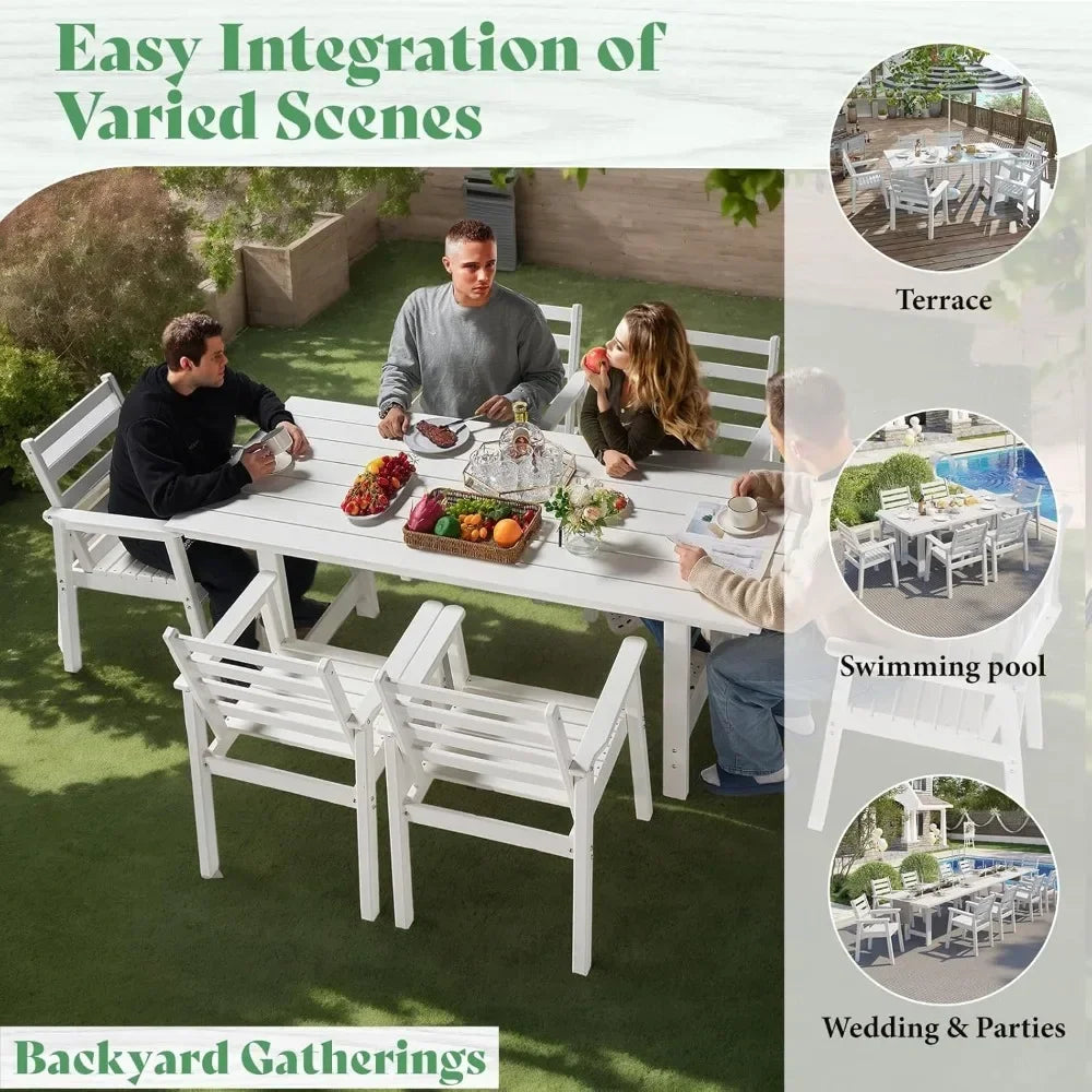 7-Piece HDPE Outdoor Dining Table Set with 6 Chairs,71" L Patio Dining Furniture Set with Umbrella Hole