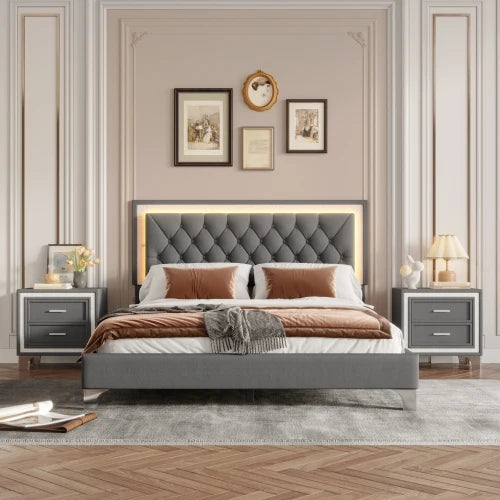 3 Piece Queen Size Upholstered Bed With LED Lights Pink Set