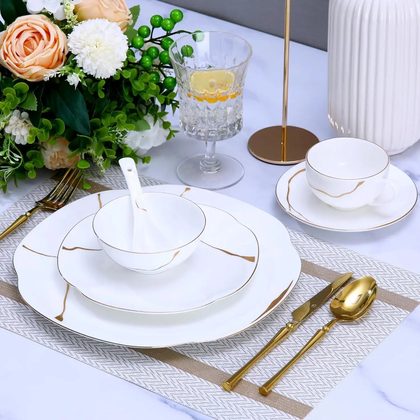 24 Piece White Porcelain Dinnerware set for 4,Plates and Bowls Sets With Gold Rim and gold accents,Highly Chip and Crack Resista