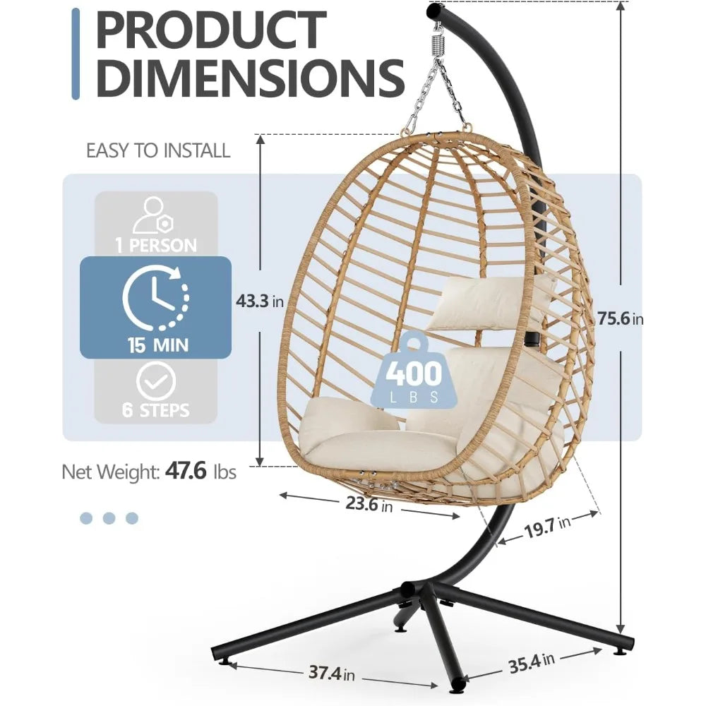 Egg Swing Chair with Stand, Outdoor Patio Hanging Egg Chair, Indoor Hammock Chair with Cushion for Garden Backyard