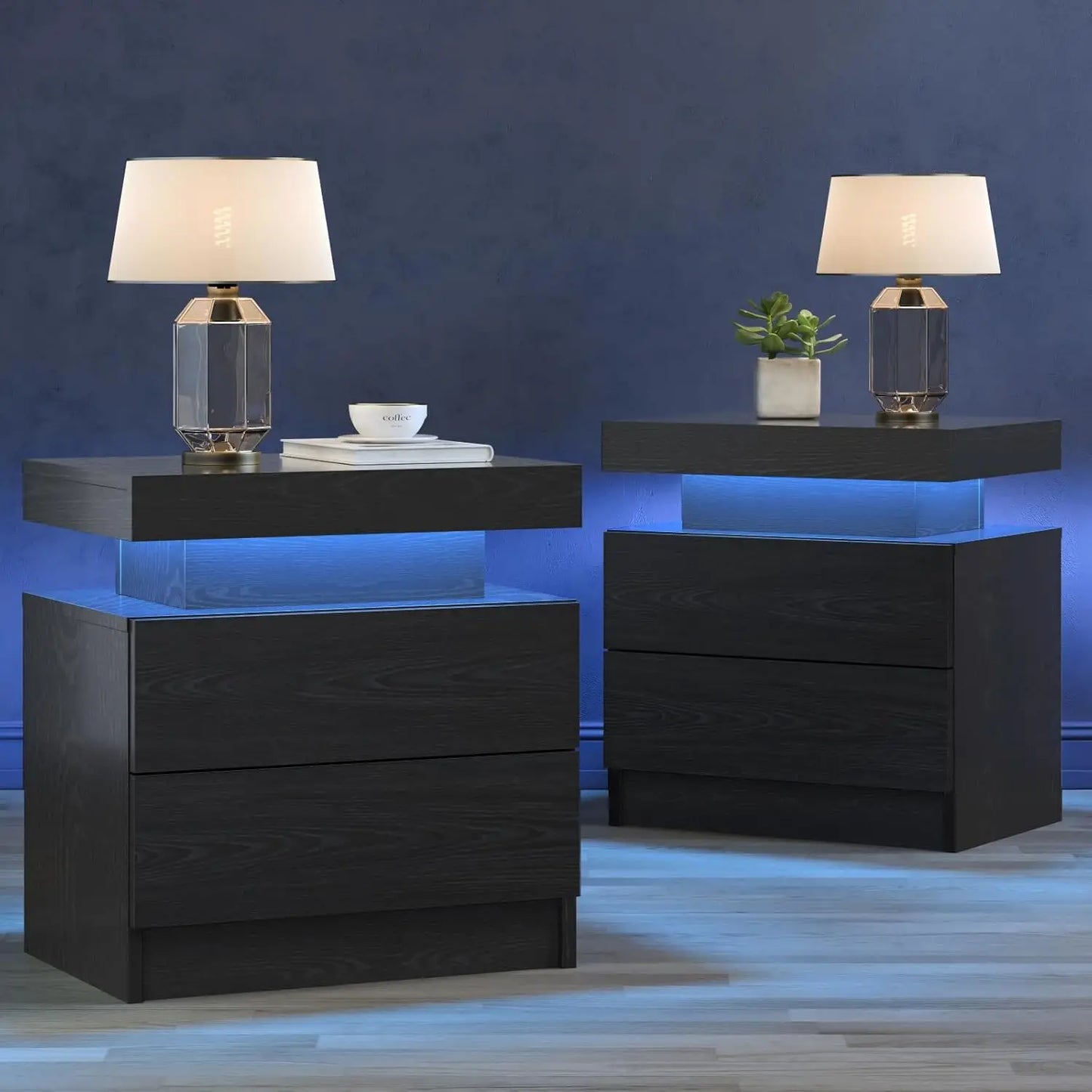 Modern Black LED Nightstand Set of Two for Bedroom