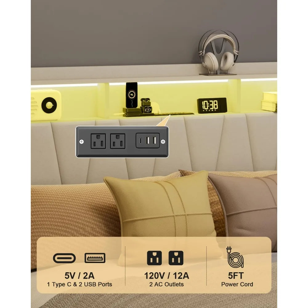 Full Size Bed Frame, Velvet Upholstered LED Platform Bed with Headboard Storage, Bed Frame Full Built-in Charging Station with 4