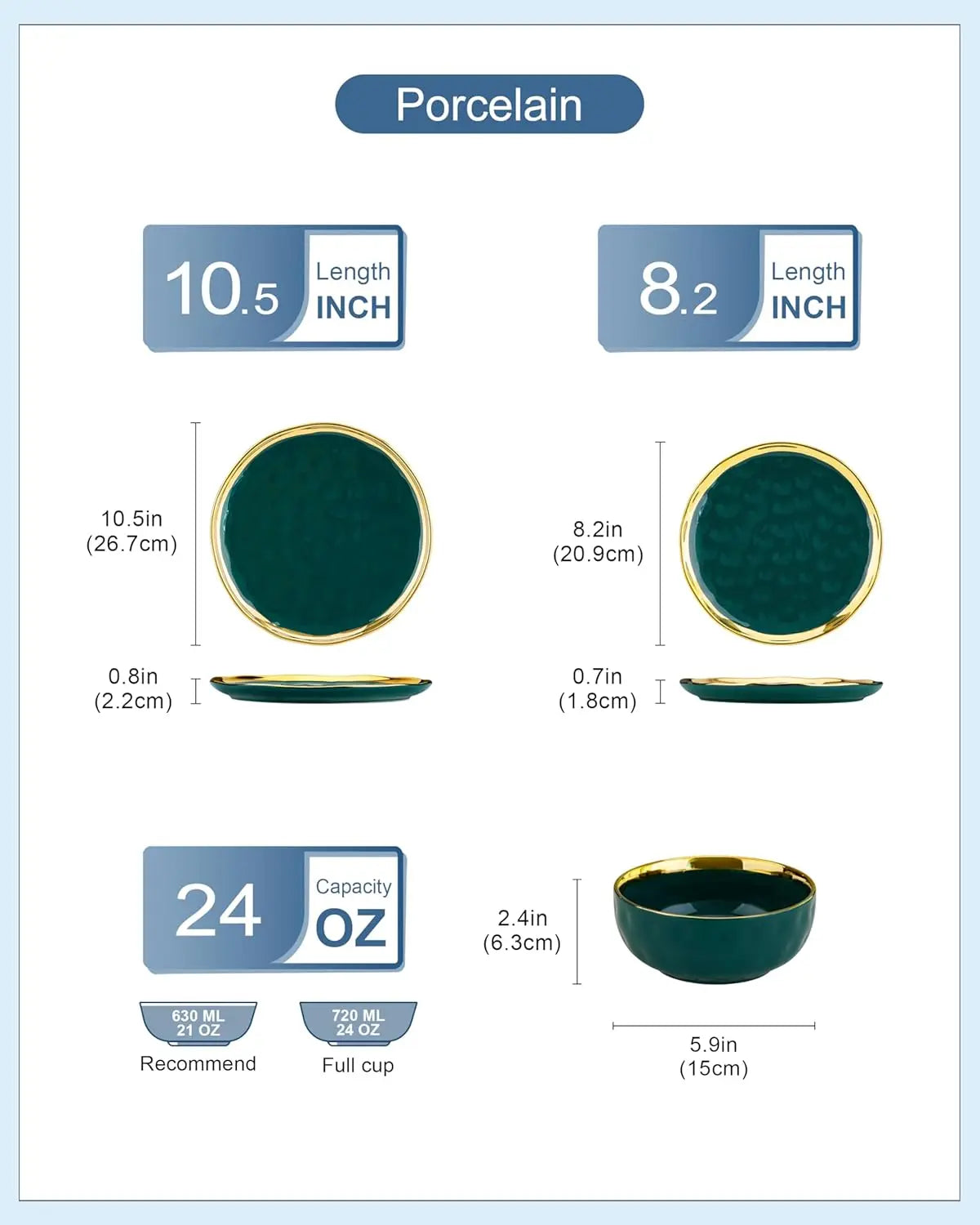 12 Pieces Plates and Bowls Sets, Porcelain Green and Gold Dinnerware Sets, Round Dinner Plates Dishes Set Service for 4, Dishwas