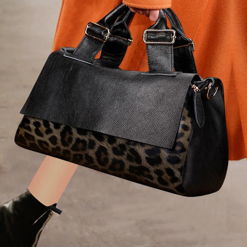 Aidrani Genuine leather handbag 2024 women's fashion bag premium leopard print luxury brand top cowhide bag