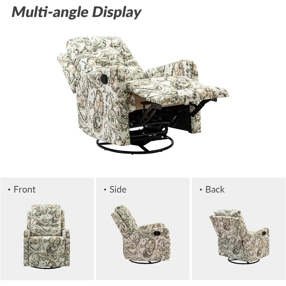 Recliner Chair Modern Printed Fabric for Living Room, Wingback Rocker Recliner Sofa Comfy Armchair 360 Degree Swivel, Nursery R
