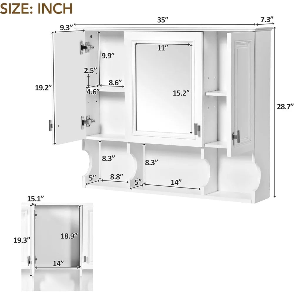 Bathroom Wall Cabinet with Mirror, Medicine Cabinet with 3 Doors and Adjustable Shelf, Space Saver Storage Cabinets Over The Toi