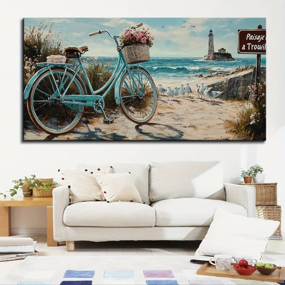 Lighthouse Seascape Painting In Pine Wood Frame Wall Art