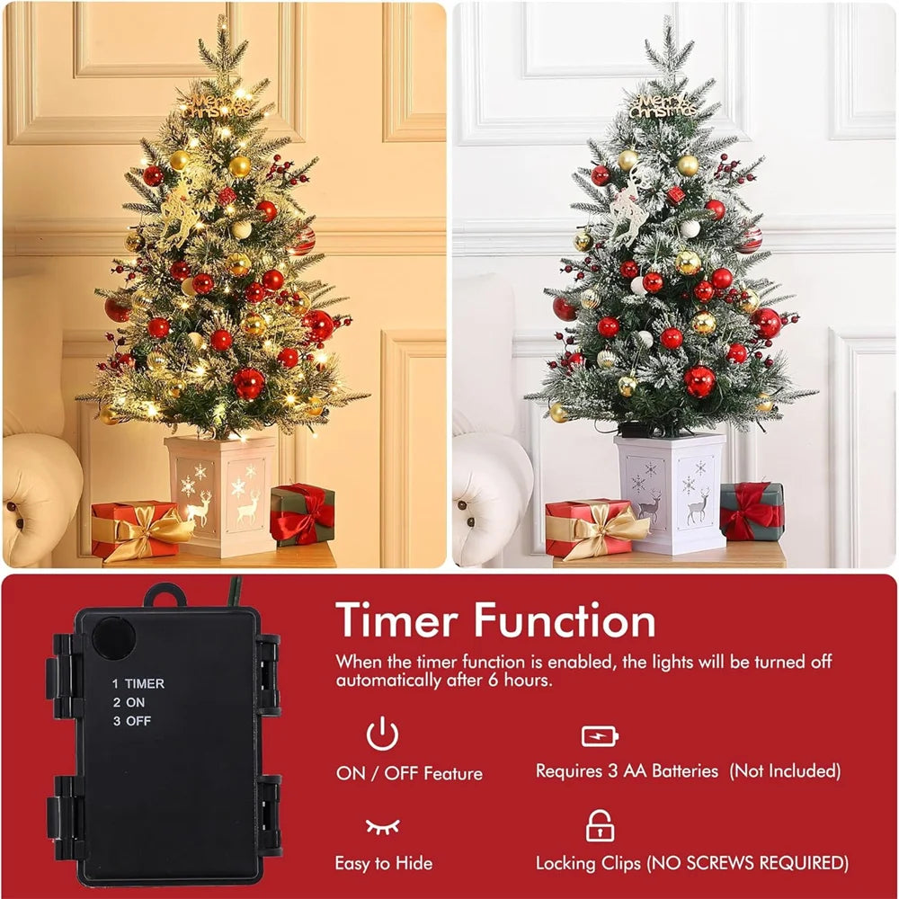 3FT Prelit Artificial Christmas Tress with 78 Lights, Elk Deer Base, Snow Flocked Xmas Tree for Christmas, Bedroom, Window Decor
