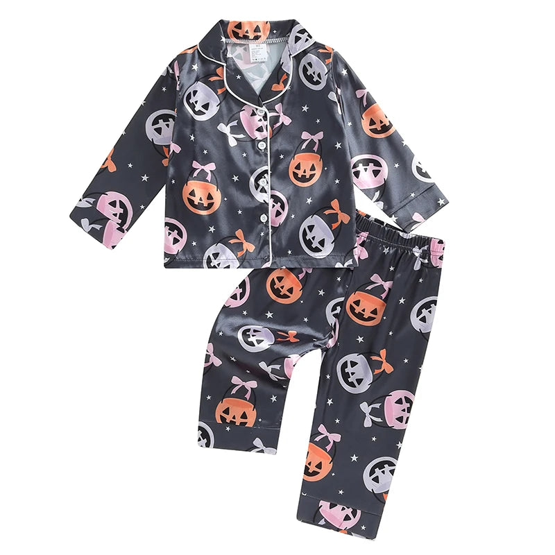 Women s Halloween Pajama Sets with Long Sleeve Lapel Pumpkin Bow Print Shirt and Pants for Cozy Sleepwear