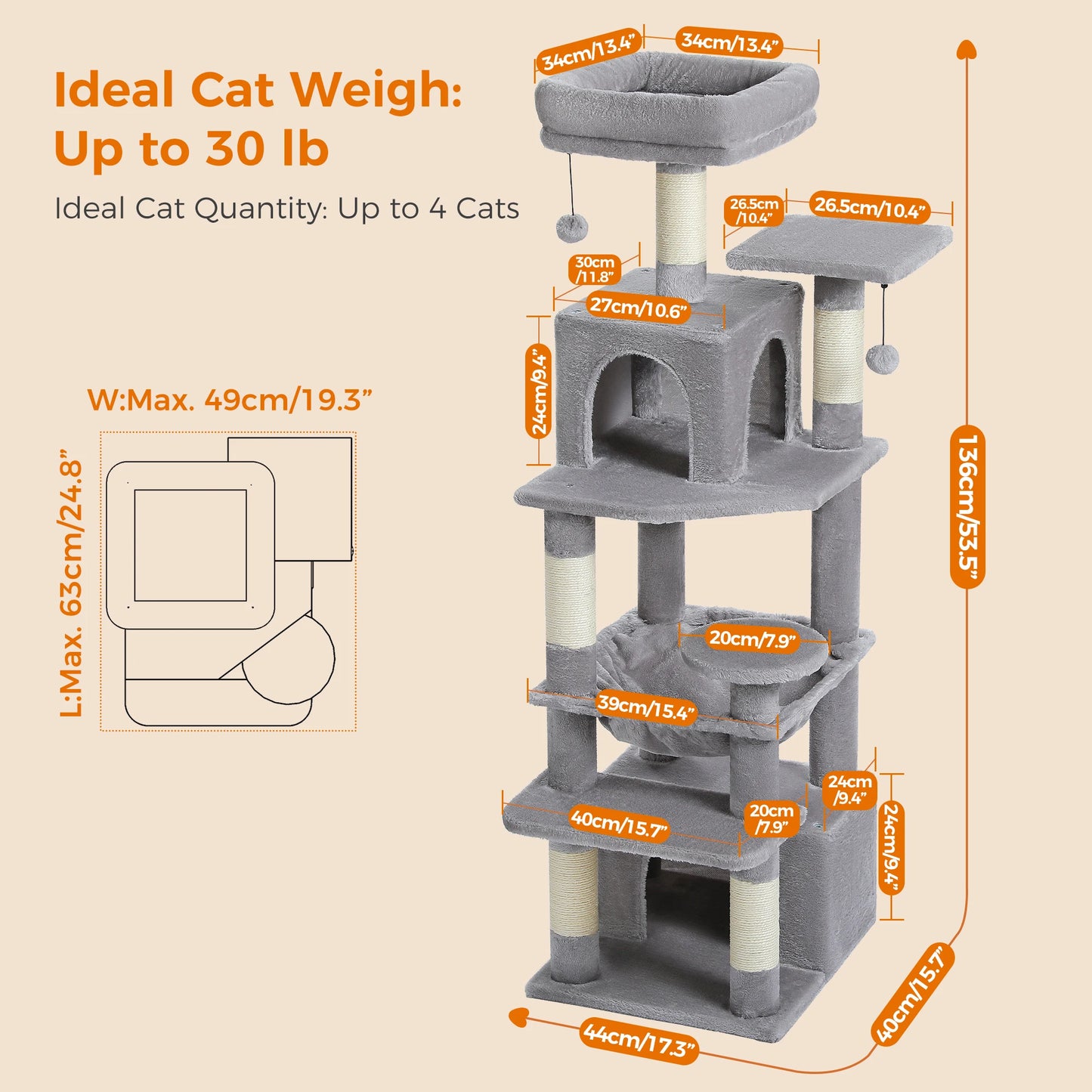 6-levels Cat Tree Tower with Joyful Pompom,Cozy Hammock,Double Condos,2 Top Perches,5 Scratching Posts Perfect for Indoor Cats