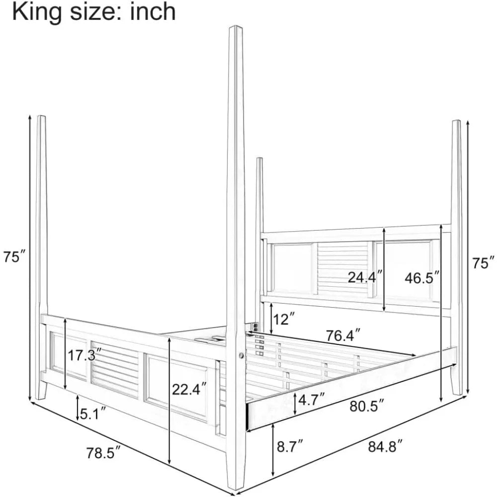 4-Poster Platform Bed King Size with Decorative Headboard and Footboards, Traditional Solid Wood Platform Bed Frame with Sturdy