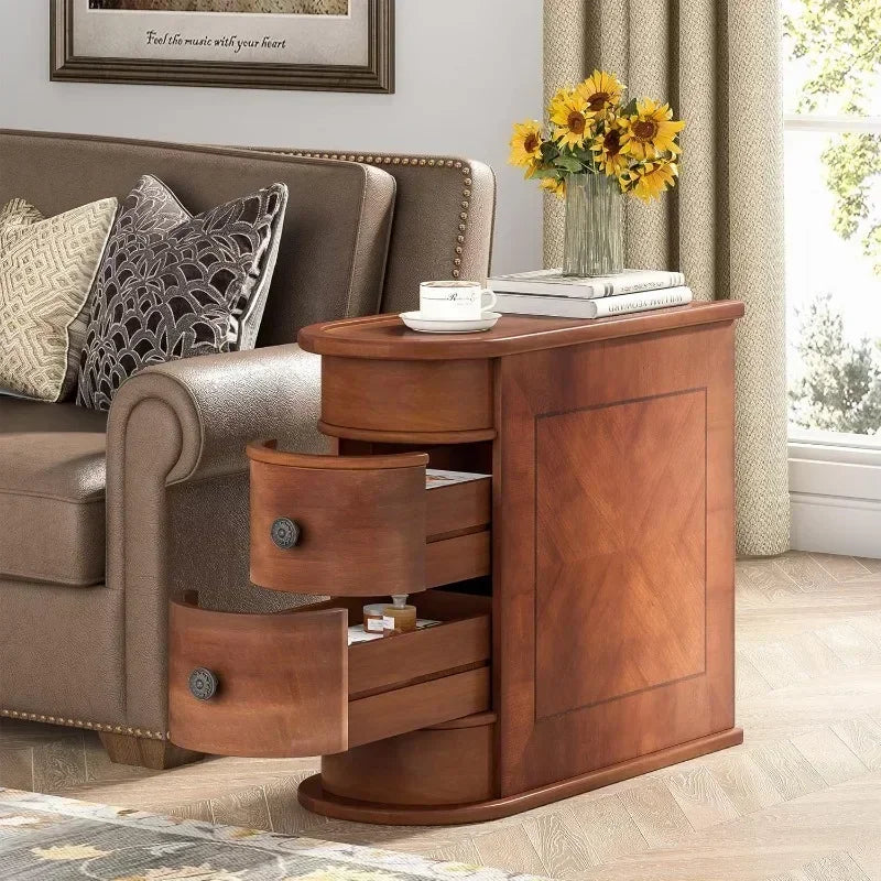 Wood End Table with 2 Drawers Sofa Side Table, No Assembly Required Vintage Slim Nightstand Bedside Table for Bedroom