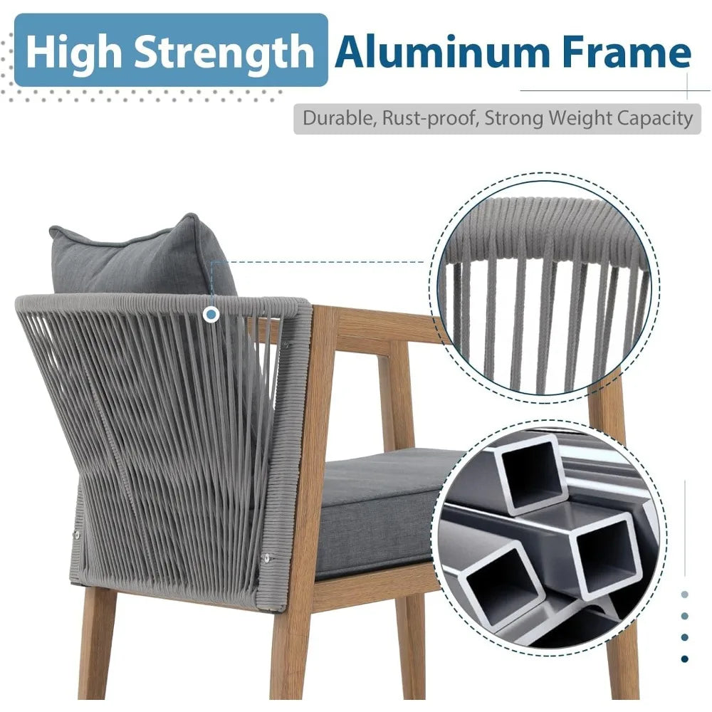Aluminum Outdoor Patio Furniture Set, 3 Pieces Outdoor Bistro Set with Wood Grain Finish, Rope Patio Sofa Set for 2 with