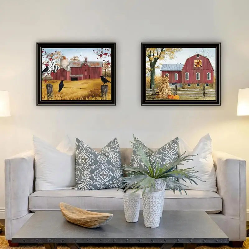Autumn Red Barns Wall Art - 2 Piece Framed Print for Living Room and Bedroom, Farmhouse Decor by Billy Jacobs