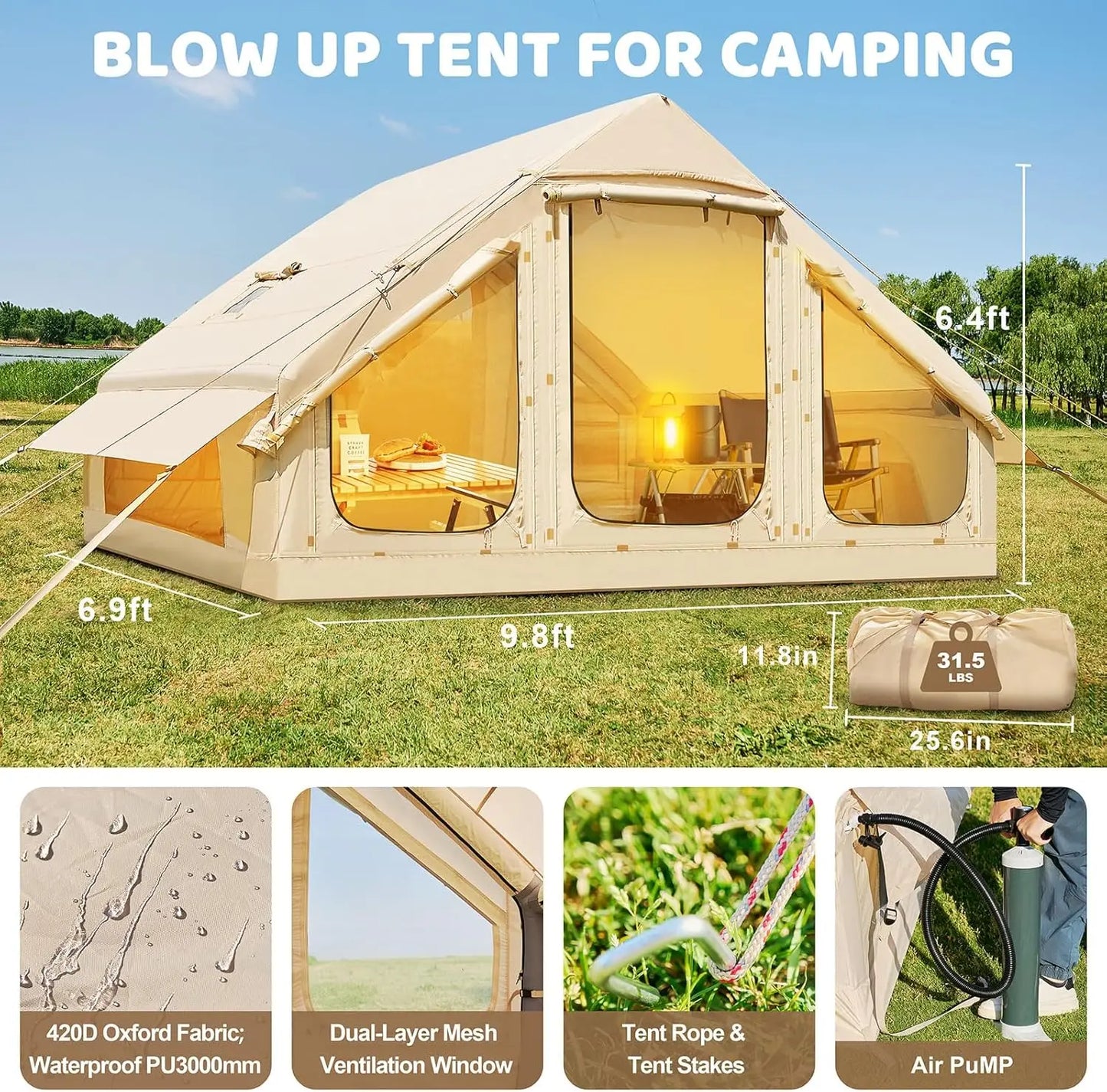Inflatable Camping Tent With Hand Pump Easy Setup Oxford
