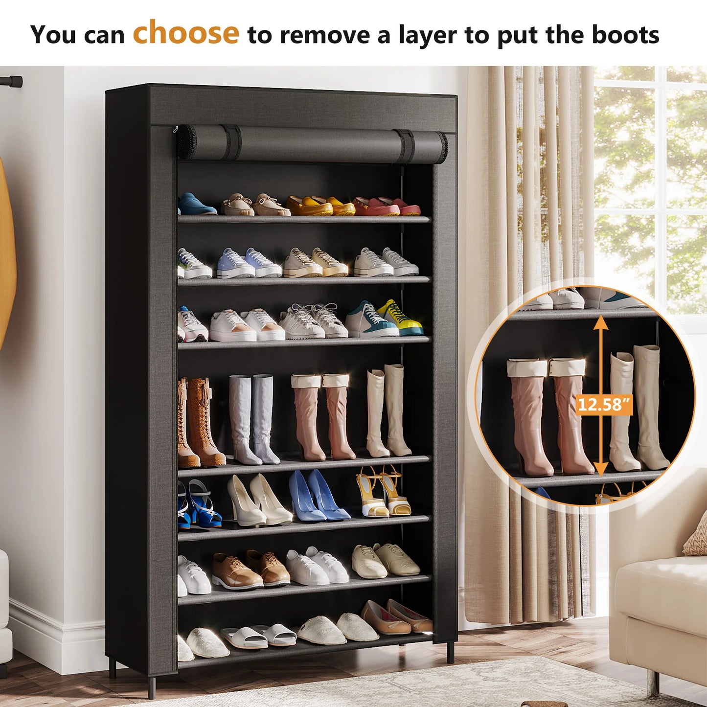 10 Tier Shoes Rack with Cover, Shoes Racks Organizer for Closet, Black Large Shoe Shelf for Entryway,50 Pair Large Shoe Stand