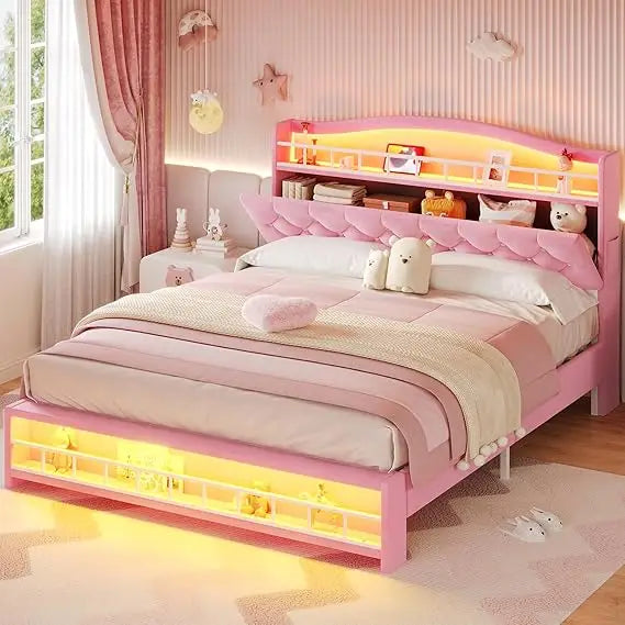 Full Size Upholstered Girl Bed with LED Lights & Charging Station, Princess Platform Bed with Hidden Storage Headboard, No Box S