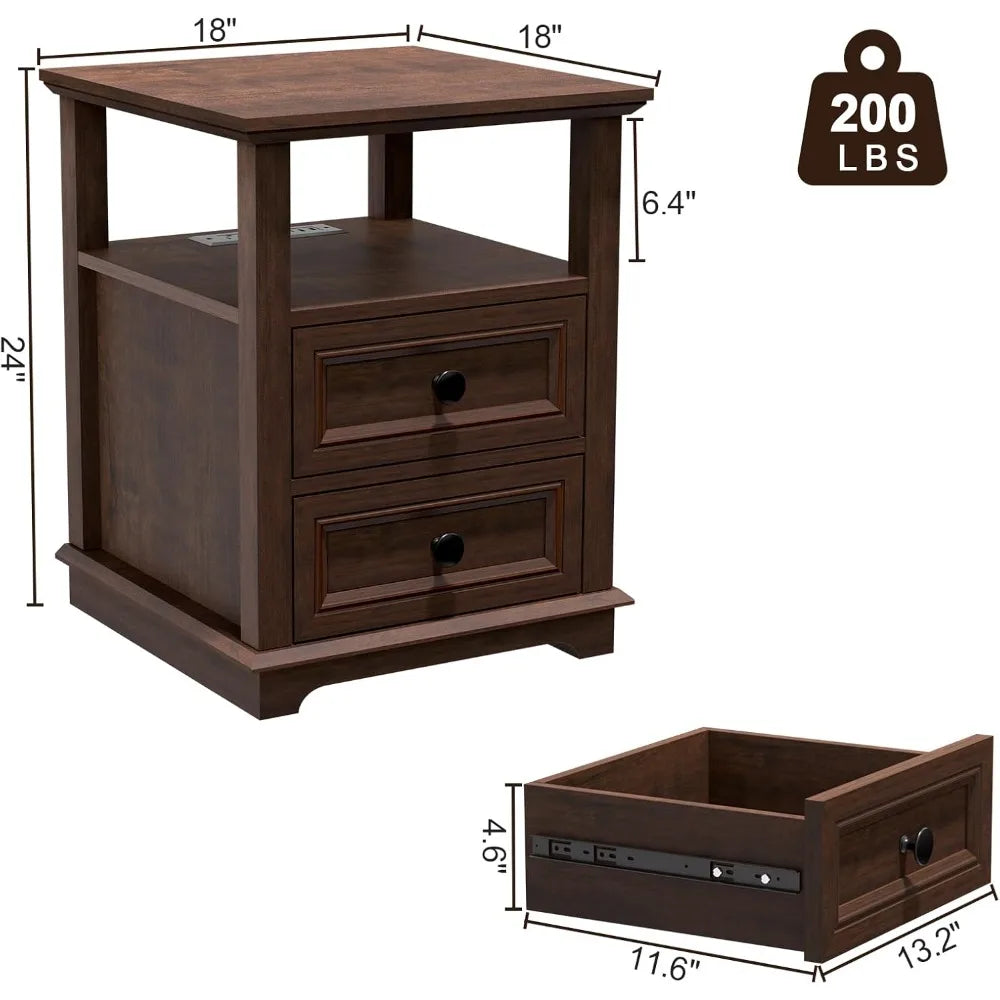24" Nightstand with Charging Station, End Table with 18W Fast Charge, Side Table with Drawers,Rustic Wood Storage Cabinet with O
