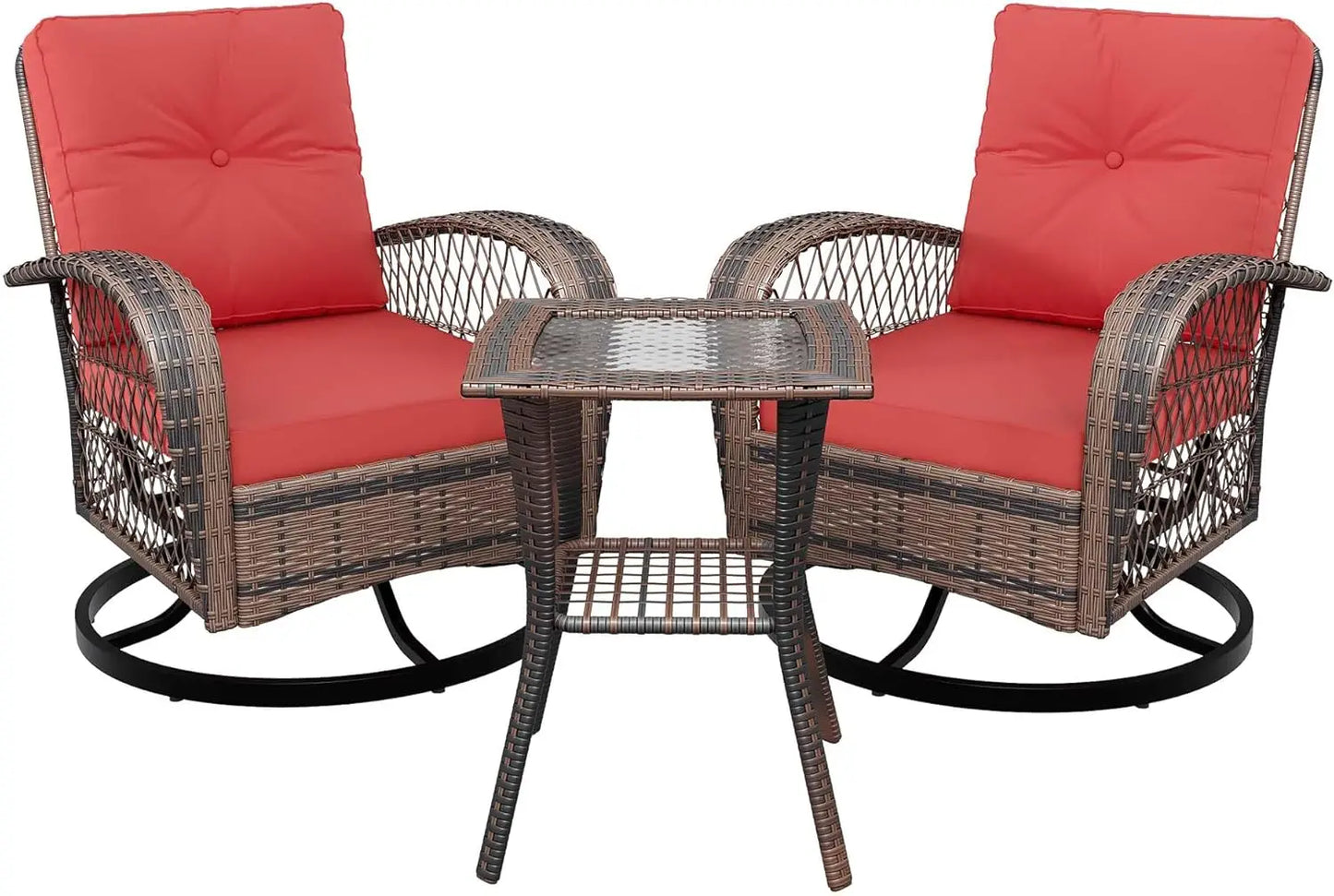 Swivel Rocker Patio Chairs Set of 2 with Side Table, 3 Pieces Patio Wicker Glider Chairs with Thickened Cushions, Outdoor Wicker