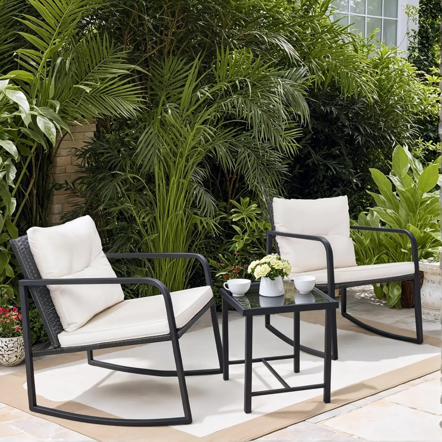 3 Pieces Rocking Wicker Bistro Set, Patio Outdoor Furniture Conversation Sets with Porch Chairs and Glass Coffee Table