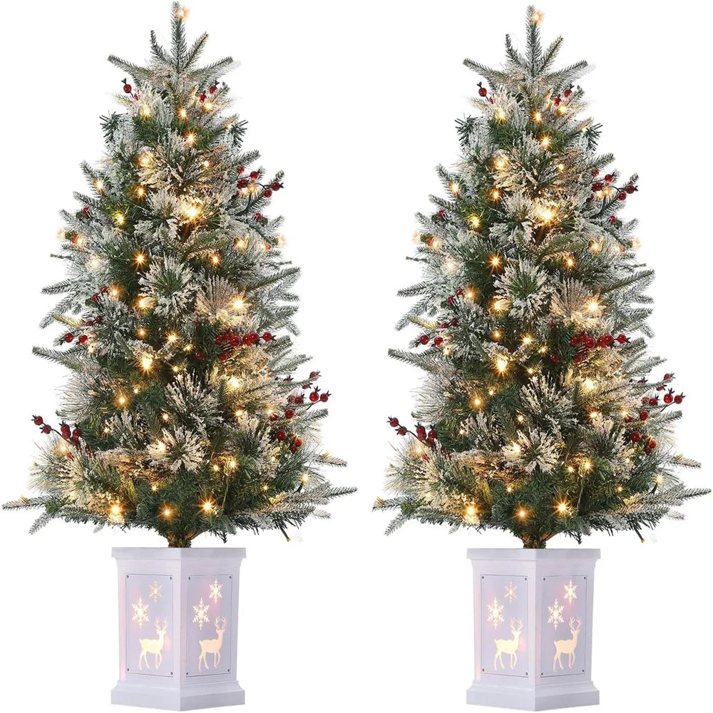 3FT Prelit Artificial Christmas Tress with 78 Lights, Elk Deer Base, Snow Flocked Xmas Tree for Christmas, Bedroom, Window Decor
