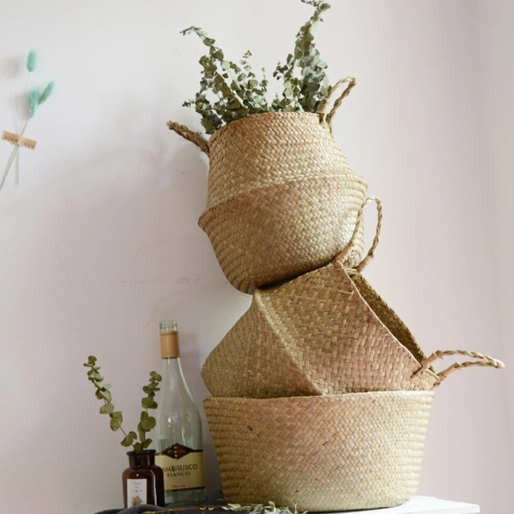 22/27/32cm Rattan Woven Hanging Flower Basket Collapsible Hanging Planter Eco-Friendly Home Clothes Storage Daily Storage Bags