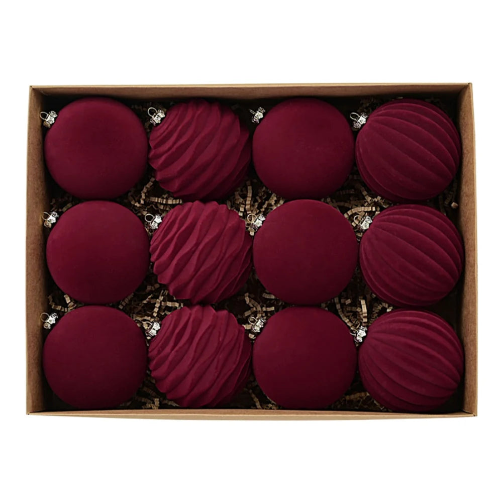 12PCS 8CM Christmas Ball Ornaments Tree Decorations For Holiday Wedding Party Christmas Ball Red Plush Painted Ball Velvet Balls