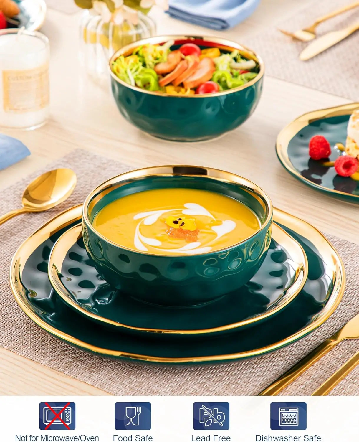 12 Pieces Plates and Bowls Sets, Porcelain Green and Gold Dinnerware Sets, Round Dinner Plates Dishes Set Service for 4, Dishwas