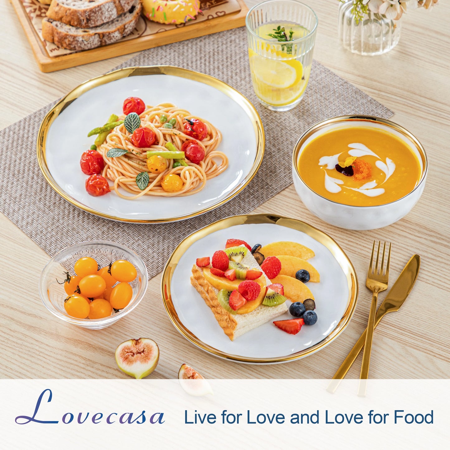Lovecasa 12 or 24 Ceramic Dinnerware Set White Gold Rim