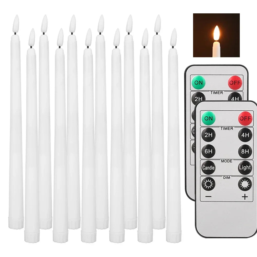 Pack of 6/12 Flameless Ivory Taper Candles Flickering with Remote Battery Operated Christmas Home Wedding Table Decor
