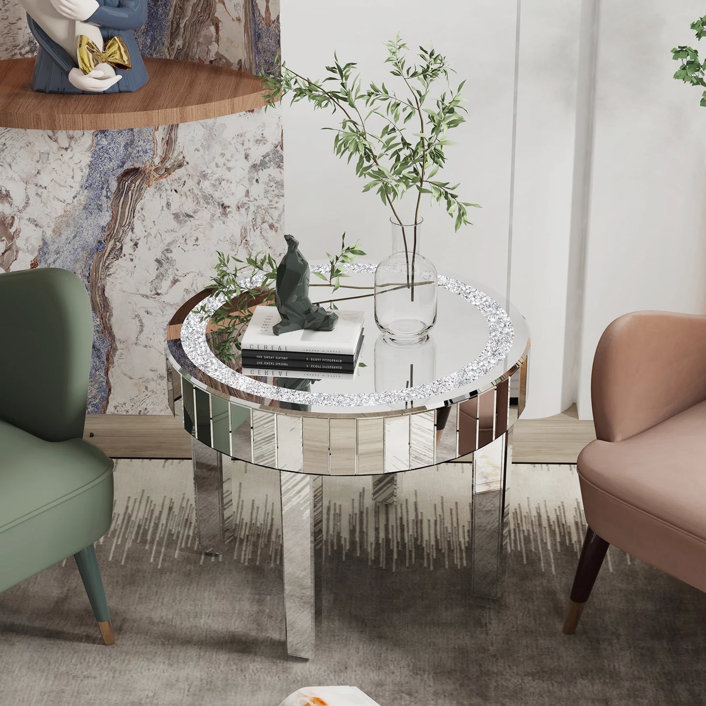 LUVODI Luxury Round Mirrored Side Table Diamonds Inlay