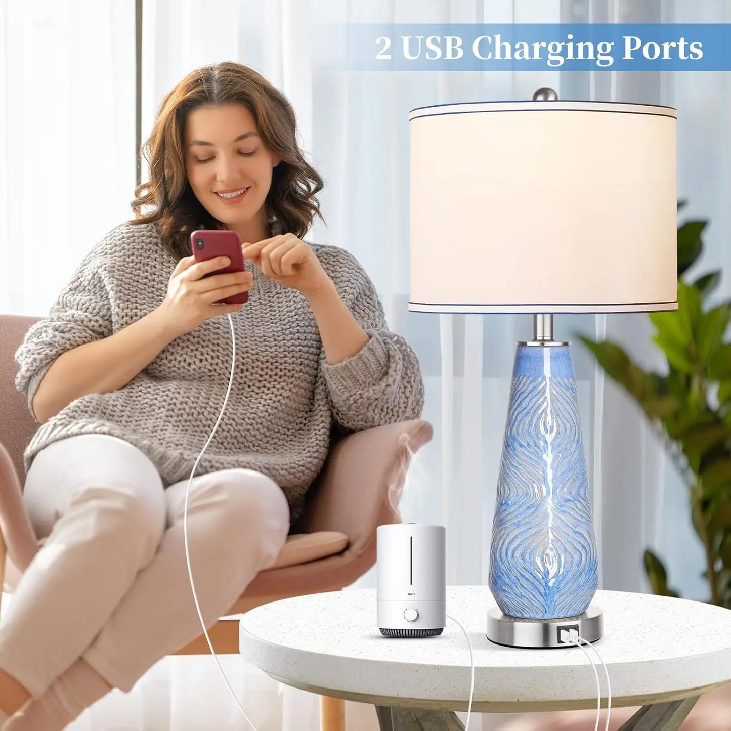 odern Table Lamp Set of 2 Touch Control, 27" Tall Faded Swirl Blue Gray Art Glass Bedside Lamp with USB Ports, 3-Way Dimmable