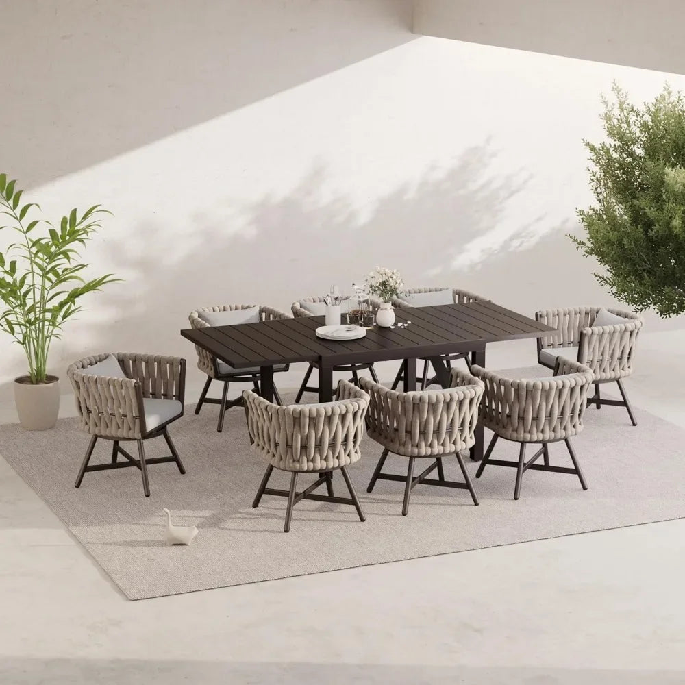 9-Piece Outdoor Dining Set for 8, Patio Dining Furniture Set for 8 Swivel Rope Wicker Chairs