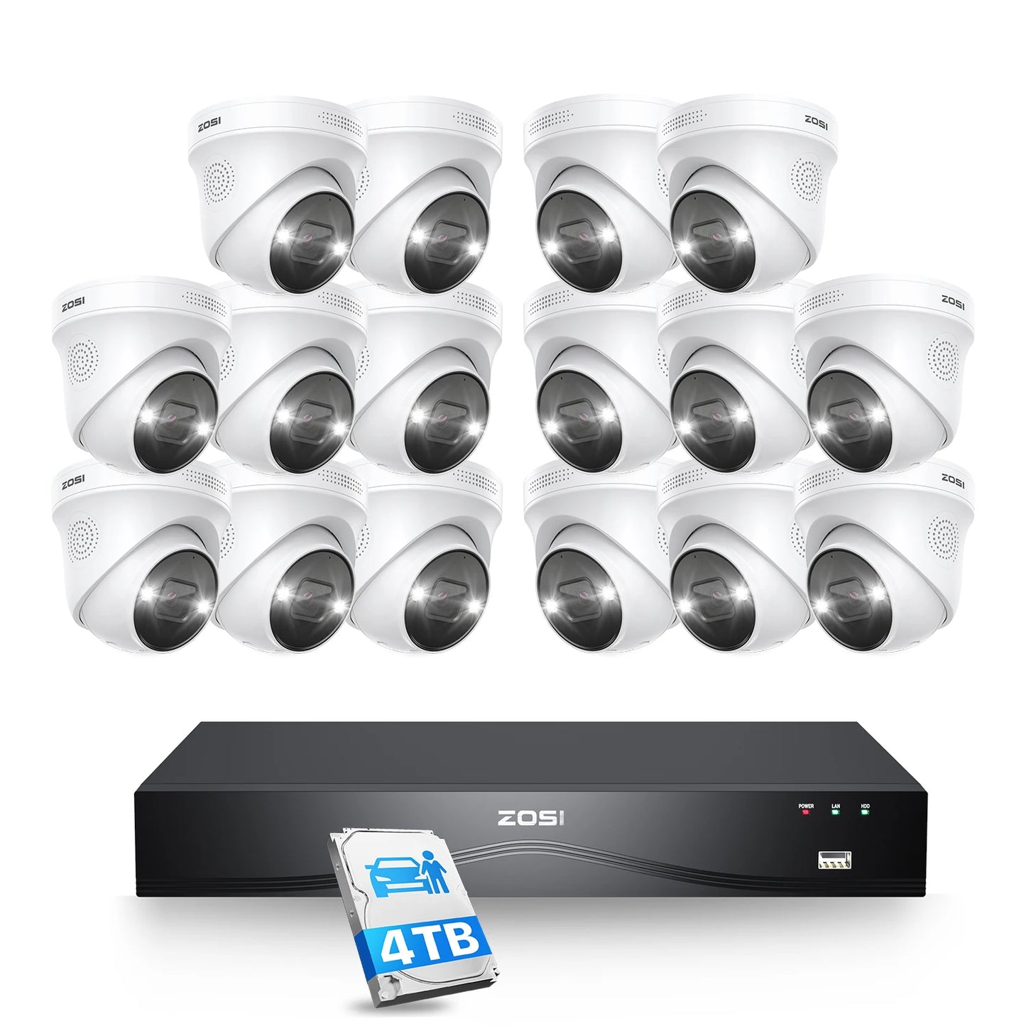 ZOSI 4K 8MP PoE Security Camera System 16 Port 32CH Dual-Disk NVR 4TB AI Detection Audio CCTV Surveillance for Home Business