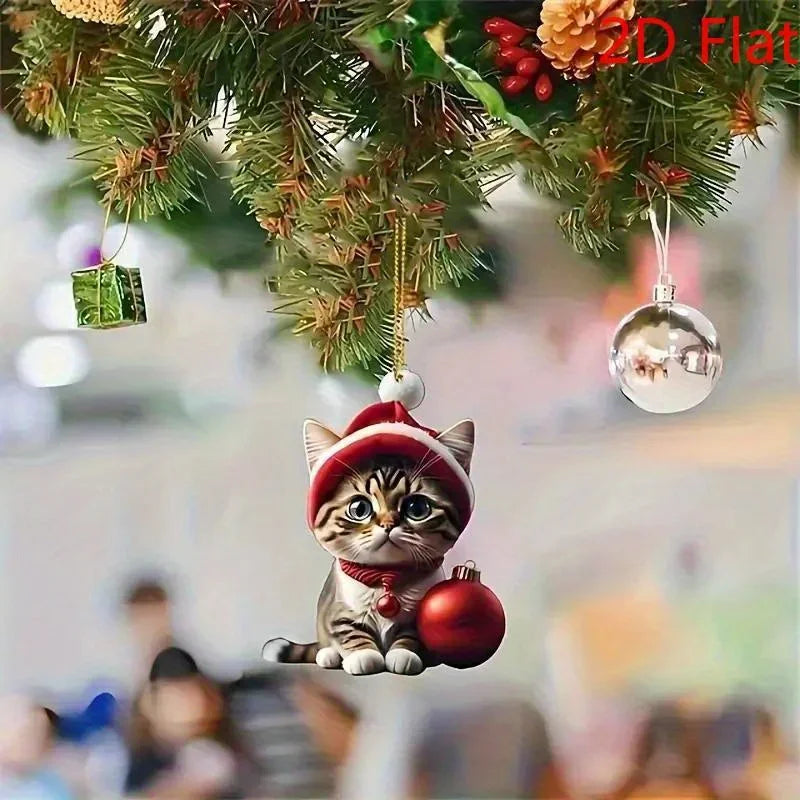 2D 6Pcs Cat Christmas Ornaments - Acrylic Festive Kitty Decor with Santa Hats