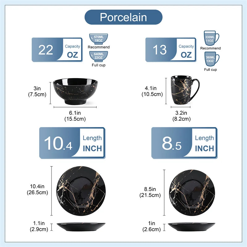 16Pcs Black Procelain Tableware Set Design By Gold Splash with Dinner Plate/Cake plate/Bowls/Coffee Cups Kitchen Dinner Ware Set